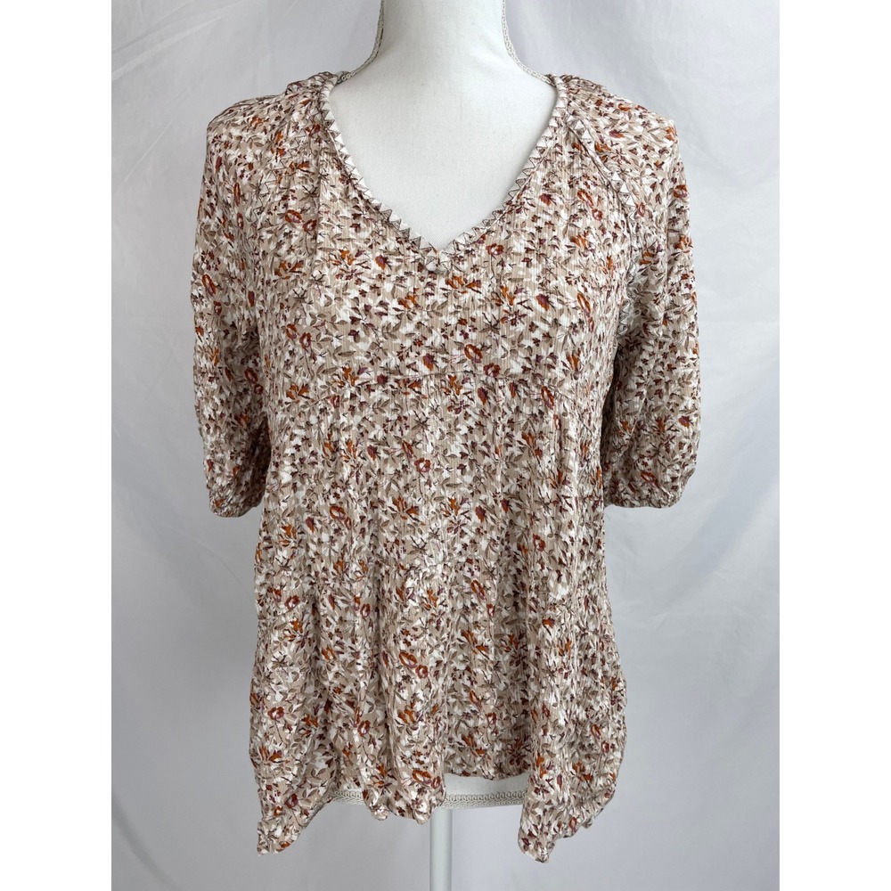 Gimmicks BKE Small Brown Floral Crinkle Shirt Dolman Boho Peasant Embroidered